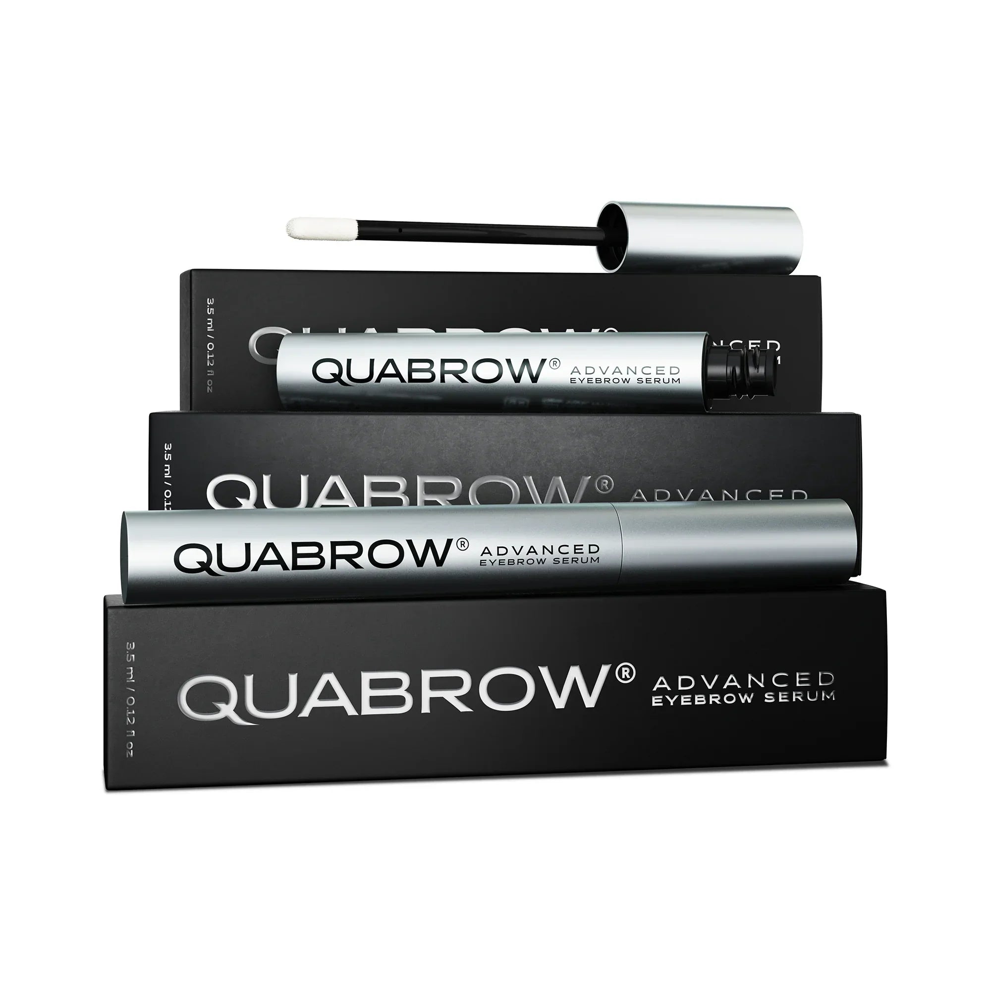 Full QUABROW®Trio Set 3x3.5 ml with three tubes and black packaging box shown frontally with one applicator open