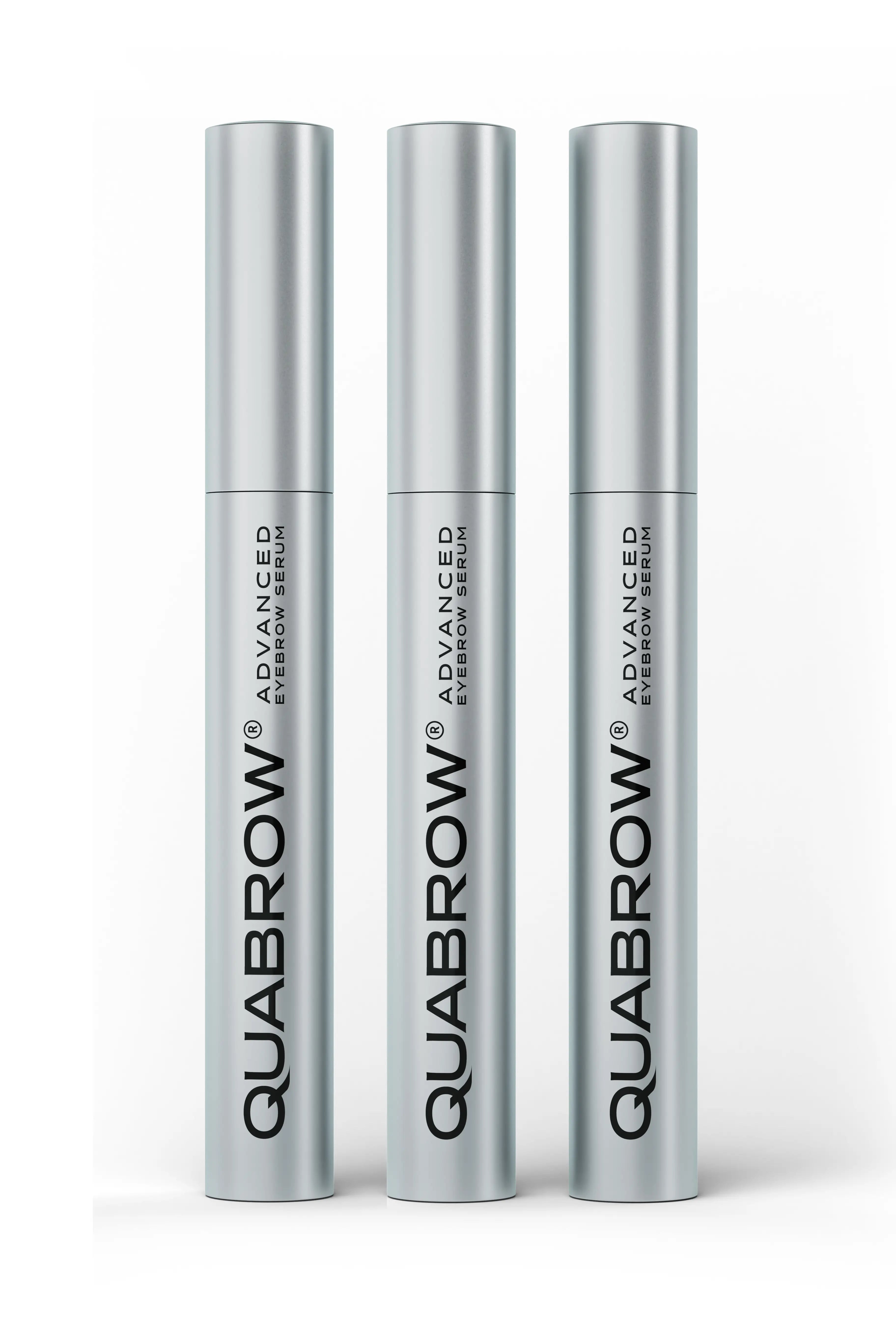 QUABROW Advanced Eyebrow Serum Trio Set displayed on branded packaging with one tube opened