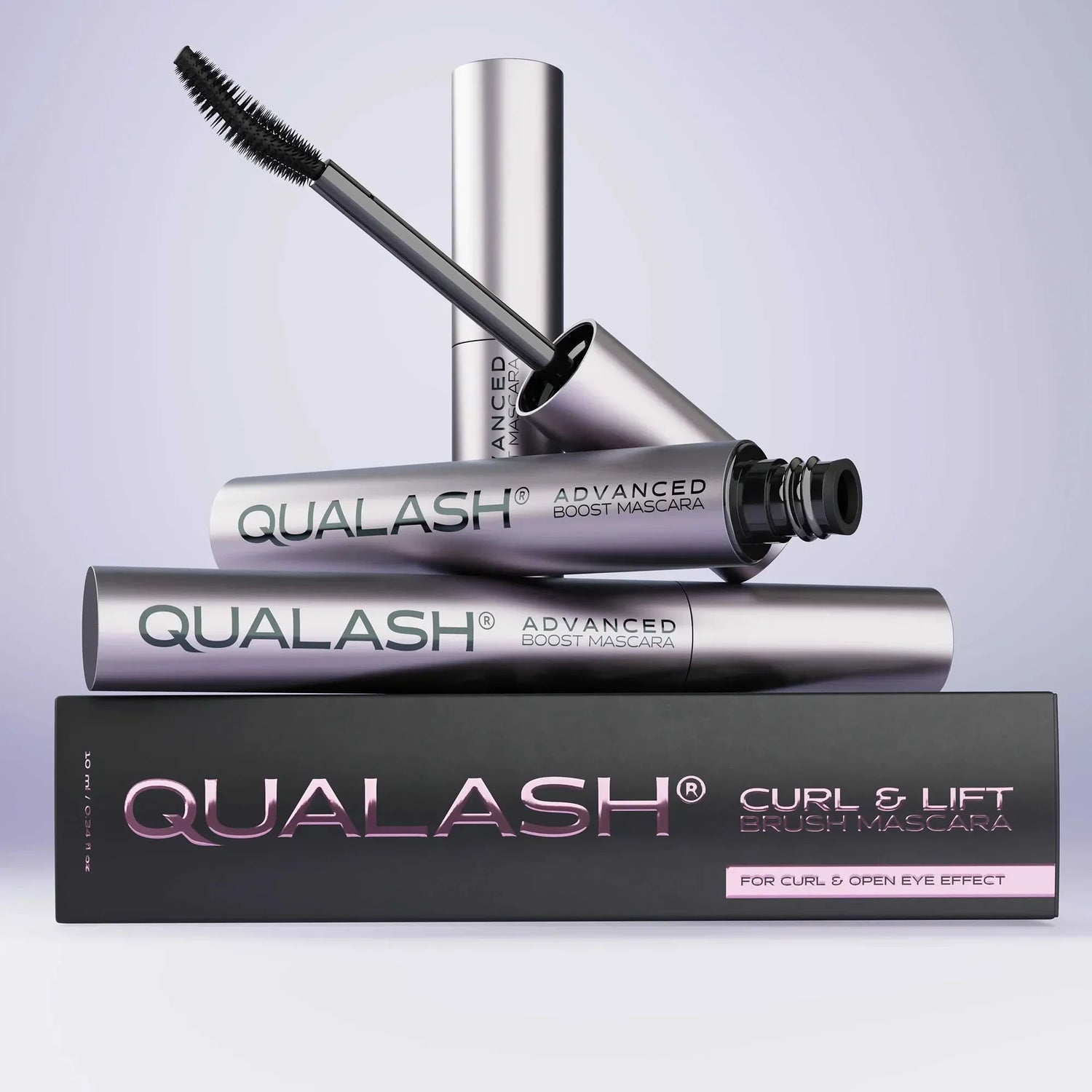UALASH Advanced Curl &amp; Lift Mascara tubes stacked on top of branded product box with brush on top