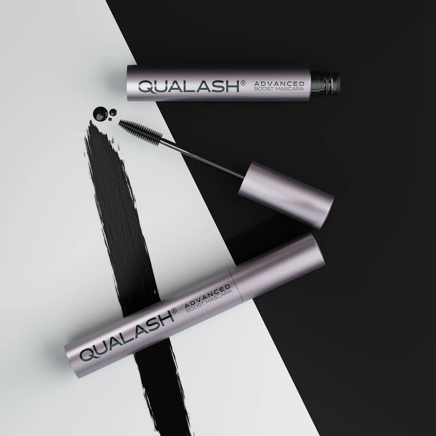 QUALASH Advanced Boost Mascara with brush and black stroke on dual-tone background